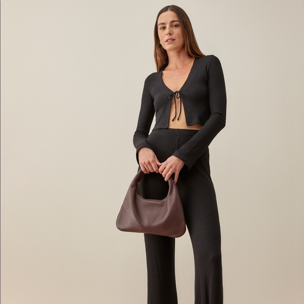 Reformation Mirabel Two Piece Black Crop Cardigan and Knit Pants Size Small NWT